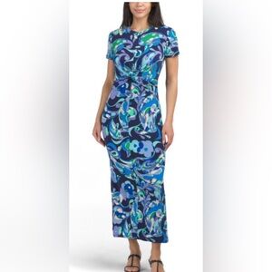 Donna Morgan Womens Blue Floral Maxi Dress - Short Sleeve Knot Waist